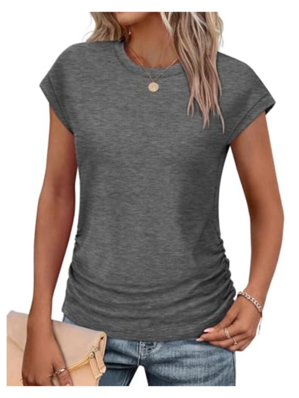 Women's Ruched Side T-Shirt Cap Sleeve Crew Neck Summer Top